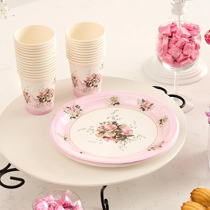 ROYAL BLUEBONNET Paper Plates and Napkins Set, Floral Design, 24 Pieces, Pink, Spring, Disposable Party Supplies