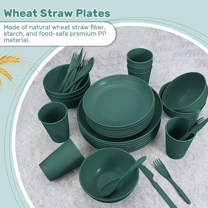 Wheat Straw Dinnerware Sets for 6 (42pcs), SGAOFIEE Plastic Plates and Bowls Sets, Dinner Plates, Pasta Bowls, Cereal Bowls, Microwave Dishwasher Safe Plates and Bowls Sets, Camping Dishes, Green