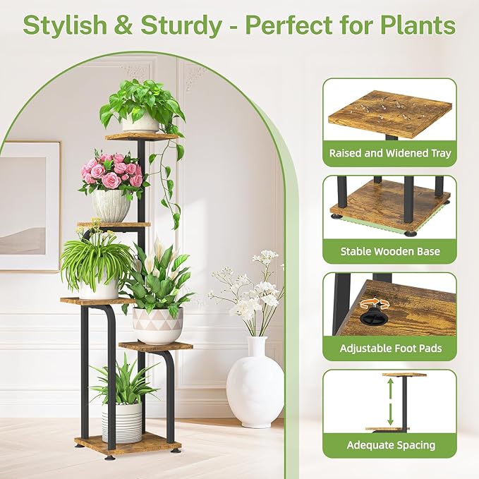 iDavosic.ly Tall Plant Stand Indoor, 4 Tier Corner Multiple Flower Holder Shelf with Wooden Trays, Space Saving Display Rack for Living Room Balcony Patio Porch Outdoor | Black & Brown