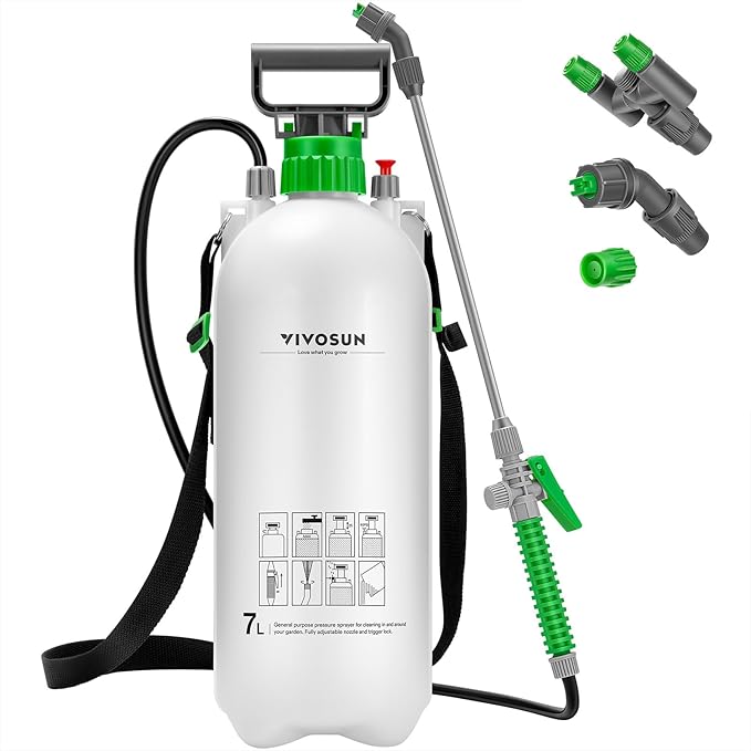 VIVOSUN 1.8 Gal/7L Pump Sprayer, Garden Water Sprayer for Plants, Weeds & Lawn Care, with 3 Nozzles, 50'' Long Hose & Pressure Relief Valve