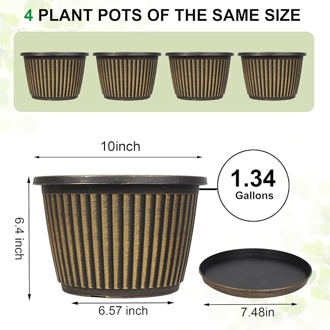 Planter-Pots-for-Plants-Indoor-Outdoor, 3 Pack 10 Inch Plastic Flower Pots with Saucer & Drainage Holes, Modern Garden Planters for Planting Medium Large Plants，Decorative Resin Garden Pots