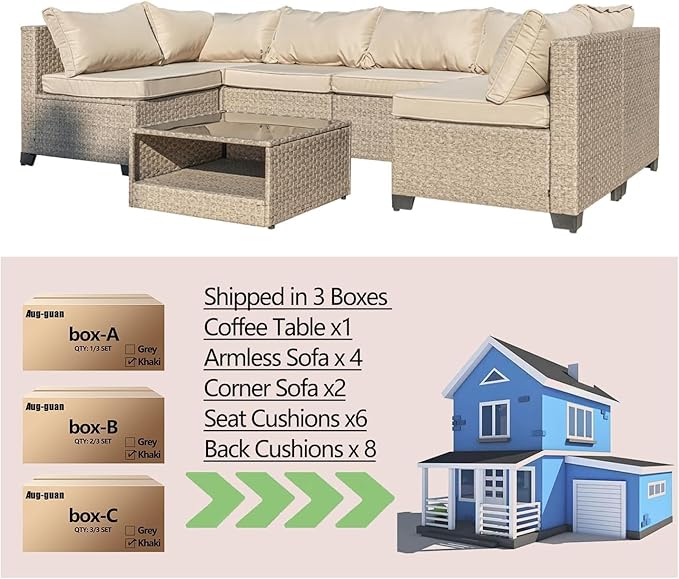 Patio Furniture Set 7-Piece, All-Weather Outdoor Conversation Set Sectional Sofa with Water Resistant Grey Thick Cushions and Coffee Table（Khaki）