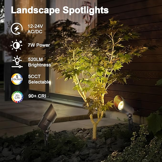 Low Voltage Spot Lights, 2700K-5000K Adjustable, 7W, 520LM, IP65 Waterproof, CRI 90+, 12-24V AC/DC, Outdoor Landscape Light for Garden, Yard, Bronze, ETL Listed, 8-Pack