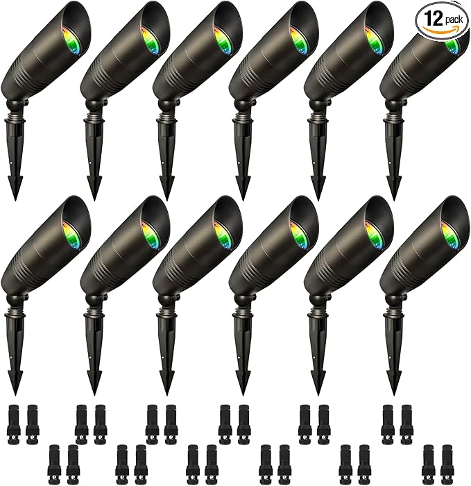 12-Pack Low Voltage Landscape Lighting With RGB+CCT Color Changing, 5W, 12-24V AC/DC, IP65 Waterproof, CRI 90+, Landscape Spot Lights Outdoor for Garden and Yard Uplighting, Bronze, ETL Listed