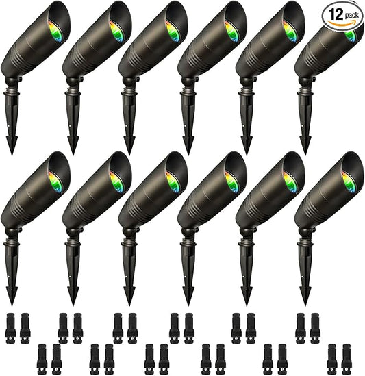 12-Pack Low Voltage Landscape Lighting With RGB+CCT Color Changing, 5W, 12-24V AC/DC, IP65 Waterproof, CRI 90+, Landscape Spot Lights Outdoor for Garden and Yard Uplighting, Bronze, ETL Listed