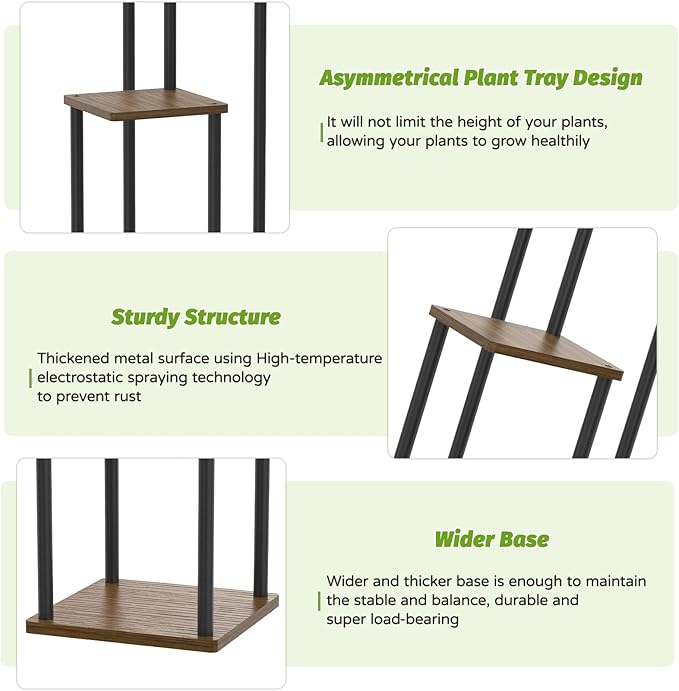 3 Tier Plant Stand Indoor Outdoor, Wood Metal Flower Shelf Pot Holder Clearance, Tall Multiple Plants Corner Rack Aesthetic Organizer for Patio Orchid Office Porch Living Room Garden, Black Oak