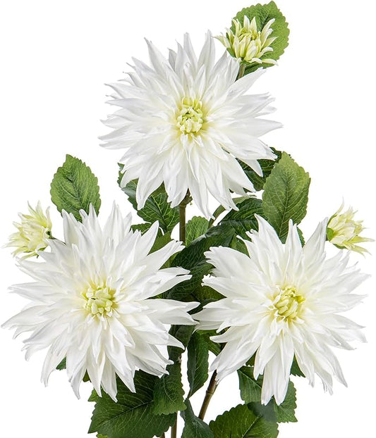3Pcs White Artificial Dahlia Flowers 29.5" Fake Flower Silk Flowers with Long Stem Floral Arrangements Bouquets Faux Dahlias Flowers for DIY Wedding Party Centerpieces Decor Home Office Decoration