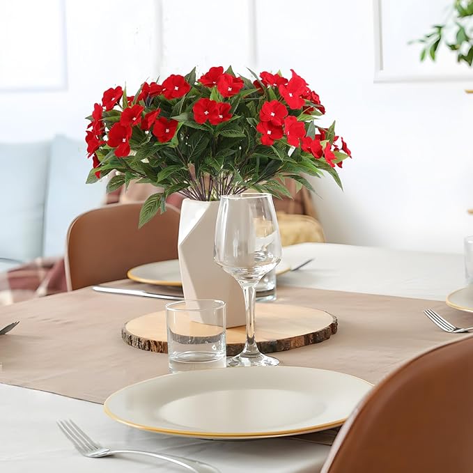 8 Bundles Artificial Impatiens Flowers for Outdoor Silk Impatiens Flowers Faux Flowers for Pot Patio Lawn Garden Hanging Basket Porch Home Decor (8, Red)