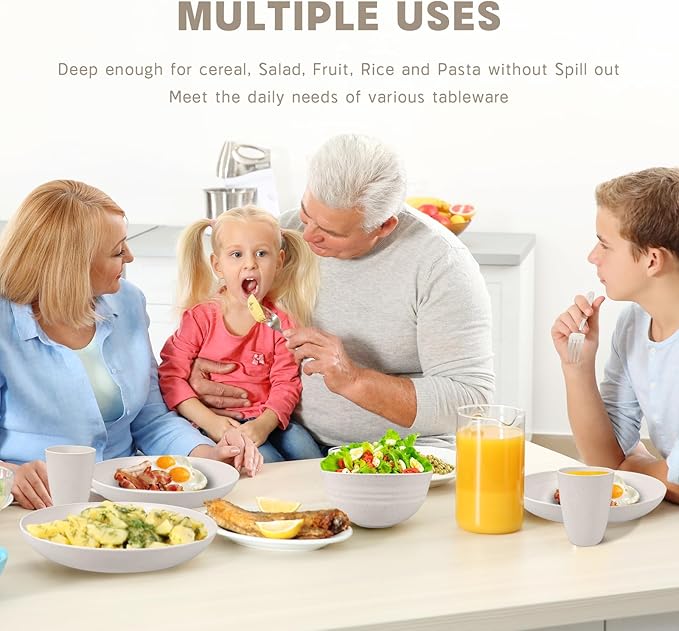 Kitchen Wheat Straw Dinnerware Sets (17pcs) Attached cleaning brush,Service For 4,Plastic Plates and Bowls Sets,Unbreakable Dinnerware,Lightweight Plastic Plate Set (off-white)