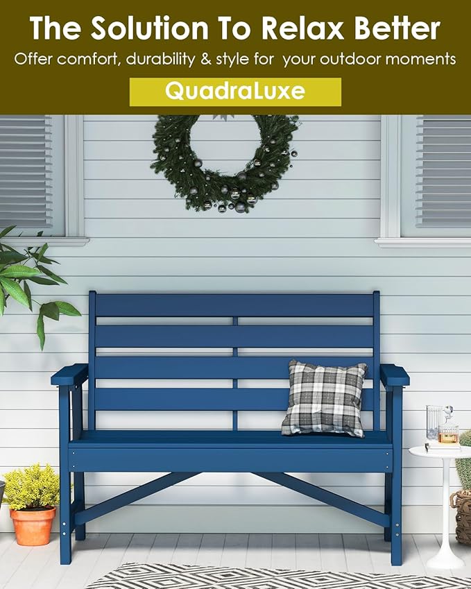 GREENVINES Outdoor Bench | 51.5’’ | HDPE | Garden Benches | Weatherproof | for Outdoors Patio Park Porch Outside Backyard | 2-Person | Blue