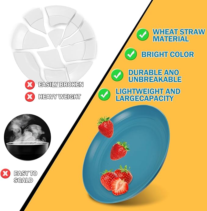 Rubtlamp 16pcs Wheat Straw Dinnerware Set, Unbreakable Plates And Bowls Sets of 4, Plastic Plates Set Reusable (Light Deep Four Colors) Daily