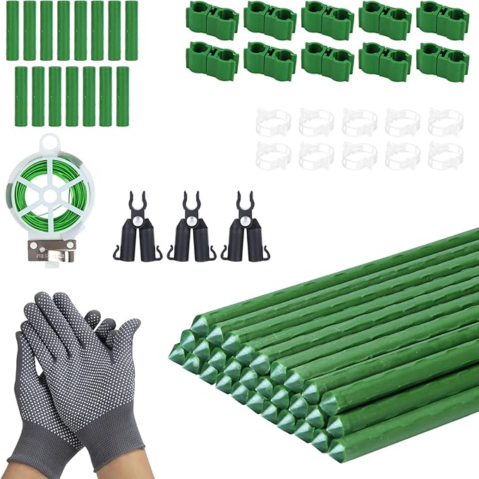 70pcs Garden Stakes Set, 16 Inches Plastic Coated Metal Plant Sticks Stakes Supports, DIY 4ft 5ft 6ft 7ft 8ft Tomato Stakes for Growing Climbing Tomato Vegetables Flowers Pepper, Versatile Ues