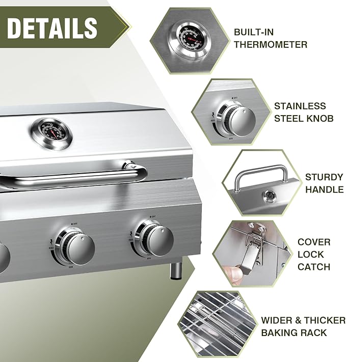 Bestfire 3-Burner Tabletop Gas Grill, 30,000 BTU Portable Propane Grill with Heavy-Duty Thickened Grates & Stainless Steel Knobs, Compact Design&Detachable Legs for Camping, RV, Backyard BBQ