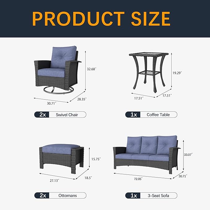6 Pieces Outdoor Patio Furniture Set, Wicker Patio Sectional Set Conversation Wicker Swivel Chairs with Small Side Table