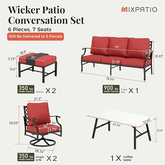 Patio Furniture Set 6 pcs, Outdoor Patio Furniture, 3-Seat Sofa, 2 Swivel Chairs, 2 Ottomans, Coffee Table and 5.75" Extra Thick Cushion, Conversation Set for Backyard Deck, Red