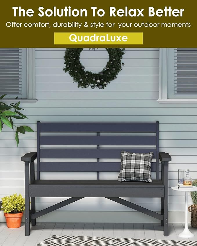 GREENVINES Outdoor Bench | HDPE | Garden Benches | All Weather | for Outdoors Patio Park Porch Outside Backyard | 2-Person | Grey