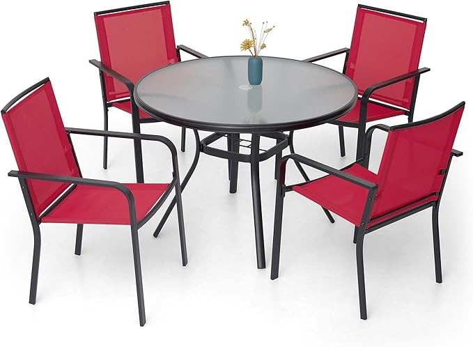 5-Piece Outdoor Patio Dining Set, 40-Inch Round Glass Table with 4 Stackable Chairs, Cherry