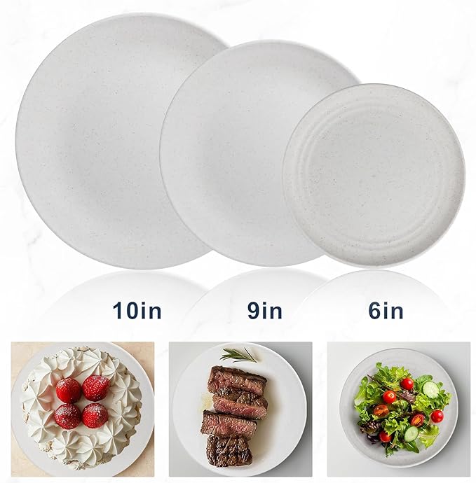 Wrova Wheat straw bowl and plate sets of 40 with cups for kids - Unbreakable plastic dinnerware sets service for 8 - Microwave and Dishwasher safe dish sets for kitchen and camping. White