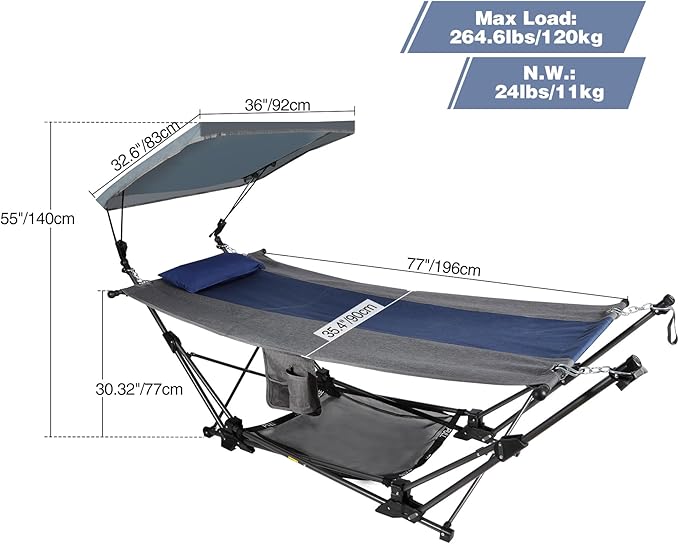 RedSwing Portable Folding Hammock with Stand,Fold Up Hammock with Removable Canopy,Pillow and Storage Net,Foldable Camping Hammock for Adults for Outdoor,Backyard,Beach,Garden,Lawn