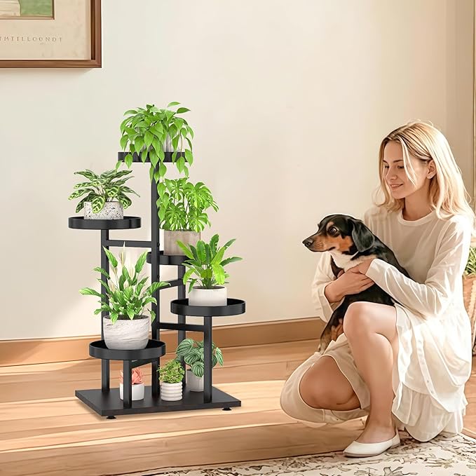 iDavosic.ly 5 Tier Plant Stand Indoor, Tiered Corner Flower Holder Shelf Outdoor, Metal Tall Orchid Display Rack for Patio Porch Garden Balcony Office Bedroom, Black Walnut