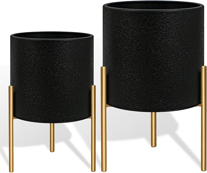 ARNIS Modern Planter Pots, Large Planters with Stand, Set of 2 Metal Planters for Plants with Drainage Holes for Living Room, Office, Garden or Balcony, 10.5 &12.25 Inch, Black