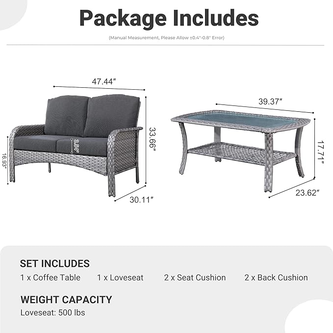 ovios 2 Pieces Patio Furniture Set, Outdoor Wicker Sofa with Glass Coffee Table, All Weather High Back Rattan Loveseat Couch 2 Seats with Comfy Cushions, Black