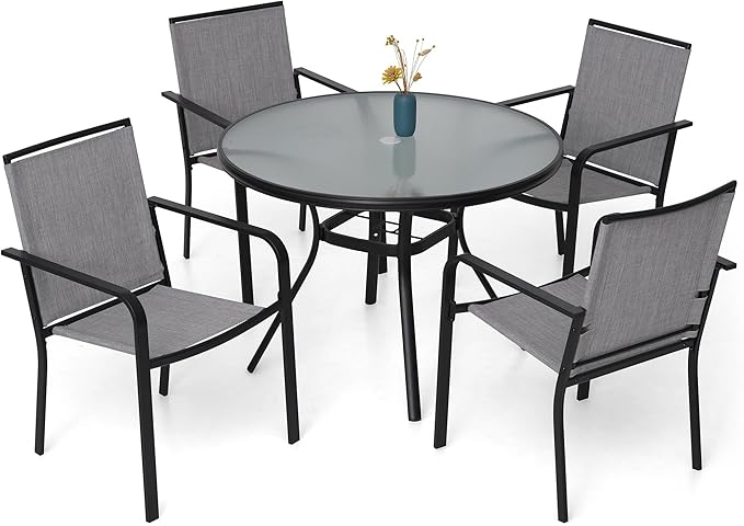 5-Piece Outdoor Patio Dining Set, 40-Inch Round Glass Table with 4 Stackable Chairs, Grey