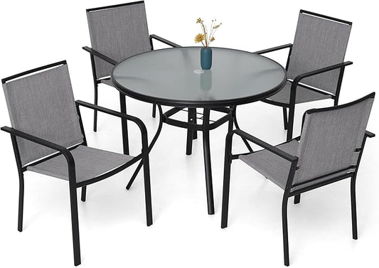 5-Piece Outdoor Patio Dining Set, 40-Inch Round Glass Table with 4 Stackable Chairs, Grey
