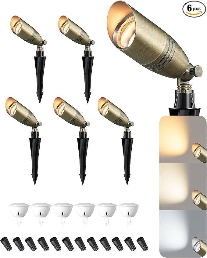 EDISHINE Solid Brass Landscape Spotlights Outdoor, 3CCT MR16 Bulb Included,Bronze Heavy Duty landscape lighting, 12V Low Voltage LED Landscape Lights, Outdoor Lighting for House Yard Lawn Tree, 6 Pack