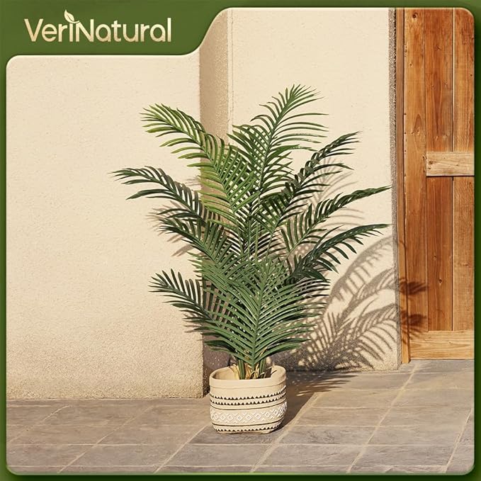 Artificial Palm Tree, 4FT Tall Fake Palm Trees with UV Resistant Leaves, Potted Faux Areca Palm Plant for Indoor Outdoor, Large Floor Plants for Home Living Room Porch Decor, 2Pcs - VN125