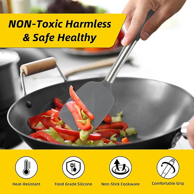 4 Pack Silicone Utensils Set, Non Stick Solid Spatulas, Heat Resistant Blue Slotted Spoons with Stainless Steel Handle, BPA Free Cooking Turner for Stir-Fry, Frying, Mixing, Serving,Draining,Turning