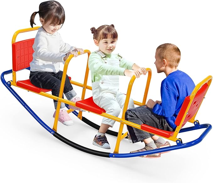 Costzon Teeter Totter Seesaw for Kids Outdoor, 2 in 1 Metal Rocking Seesaw for Toddlers with Easy-Grip Handles, Indoor Outdoor Rocker Toy Gifts for Ages 3-8, 1-3 Person Home Preschool Backyard See Saw
