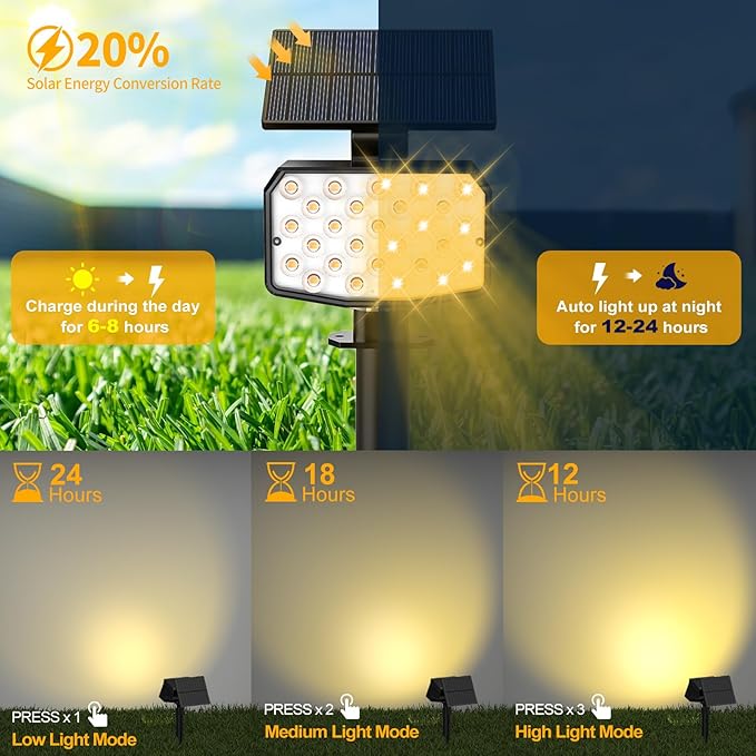 Solar Spot Lights Outdoor Waterproof Adjustable Solar Powered Landscape Lights for Yard 3 Long Time Lighting Modes Spotlights for Pathway Garden Outside Wall Pool Porch- 2 Pack, Warm White