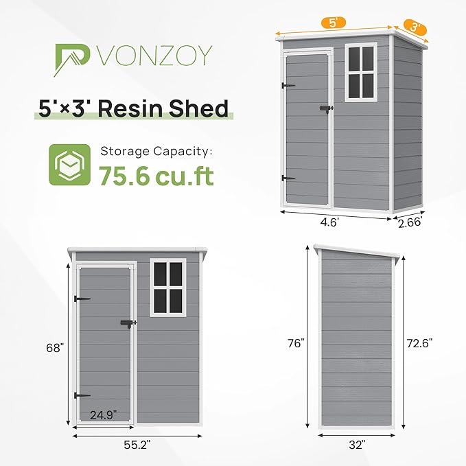 Resin Outdoor Storage Shed, 5x3FT Plastic Garden Shed with Floor, Lockable Door & Window, Waterproof Tool Shed for Backyard Garden Patio Lawn Grey White