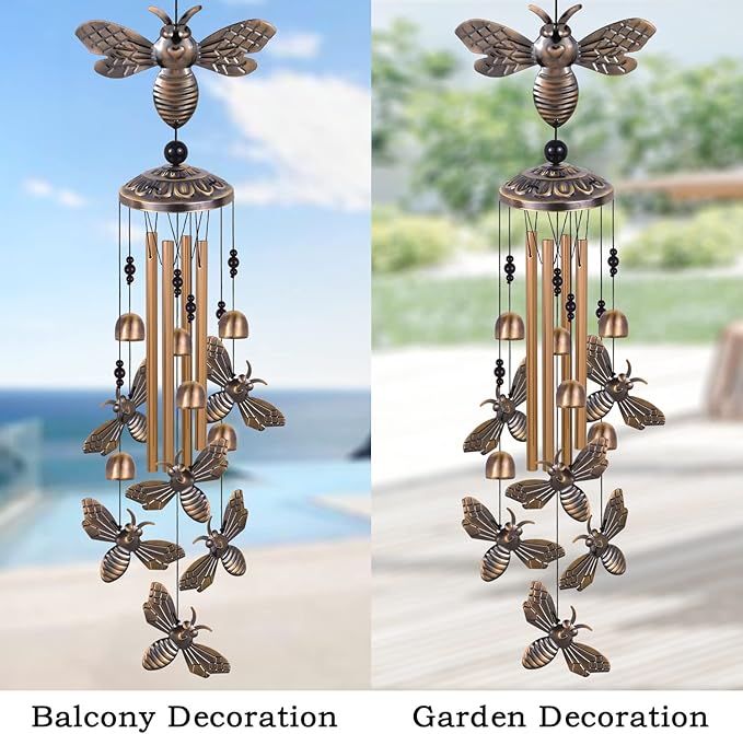 Bronze Bee Wind Chimes - Garden, Home & Patio, Balconies, Room, Indoor, Outdoor Decoration, Bee Decor, Outdoor Bees Wind Catcher, Memorial Wind Bells Gifts for Mom & Women