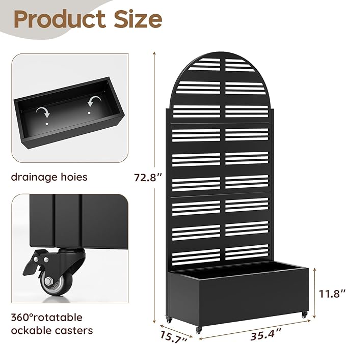 Metal Raised Garden Bed with Trellis & Wheels,70" x 35"x 15.7" Planter Box with Trellis,Privacy Planters for Patio,Garden Bed for Climbing Plants,Suitable for Climbing Plants and Vegetables,Black