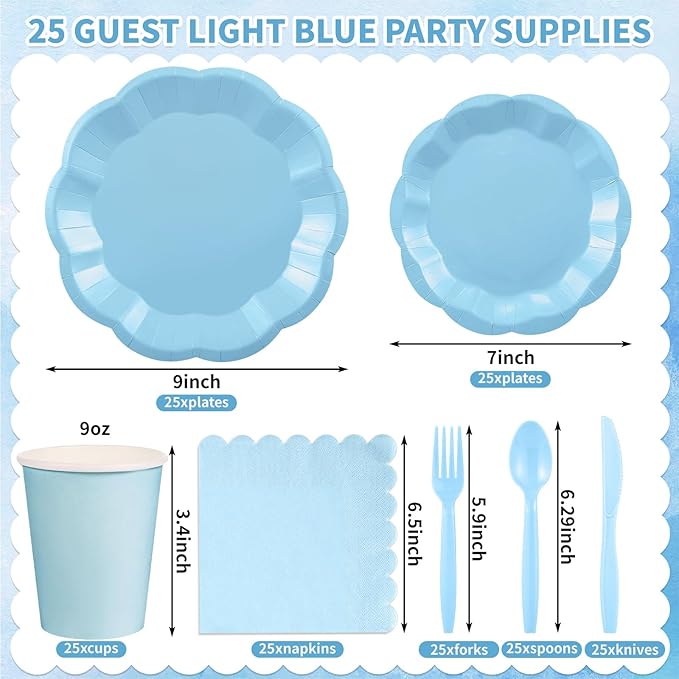 175 Pcs Light Blue Plates and Napkins Set, 25 Guest Blue Supplies Include Scalloped Plate Napkin Cup Forks Knives Disposable Plastic Cutlery for Wedding Baby Shower Birthday Banquet