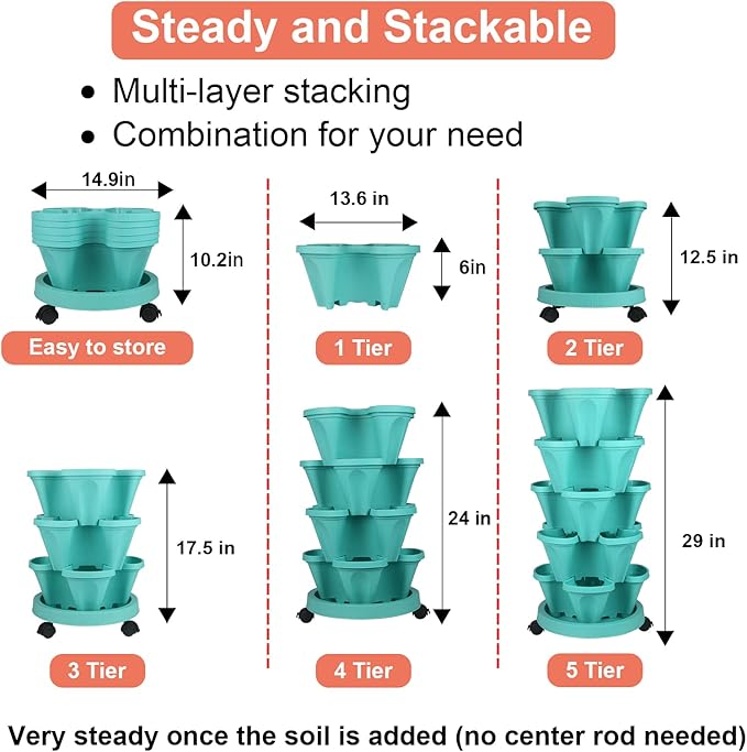 Vertical Planter 5 Tier Stackable Planters Garden Planters Strawberry Herb Flower and Vegetable Planter Indoor Outdoor Gardening Pots with Removable Wheels and Tools