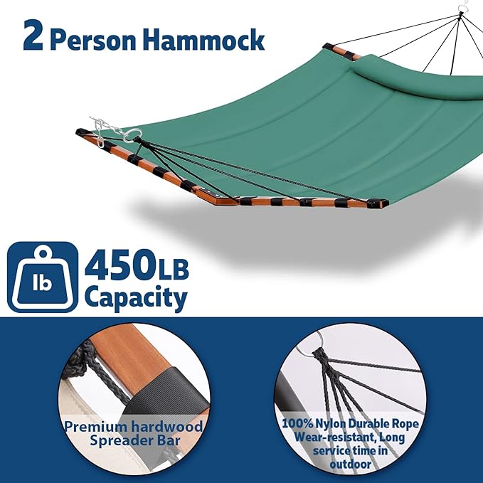 TegerDeger 12FT 2 Person Hammock Large Hammock 450LB Capacity with V Shaped Hardwood Spreader Bar & Nylon Rope for Outside, Patio, Garden, Backyard, Beach, Poolside - Lake Blue