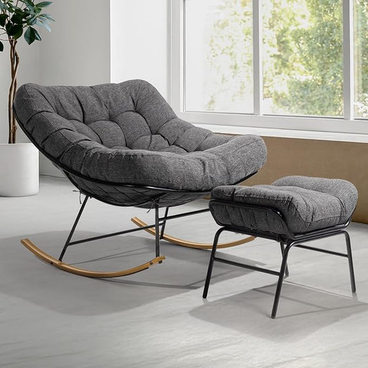 Bme Patio Rocking Chair Outdoor & Indoor, Metal Patio Lounge Rocking Chair with Thick Cushion, Comfy Modern Rocker Chair for Living Room, Porch, Backyard, Grey Cushion - Wood Texture Rocker