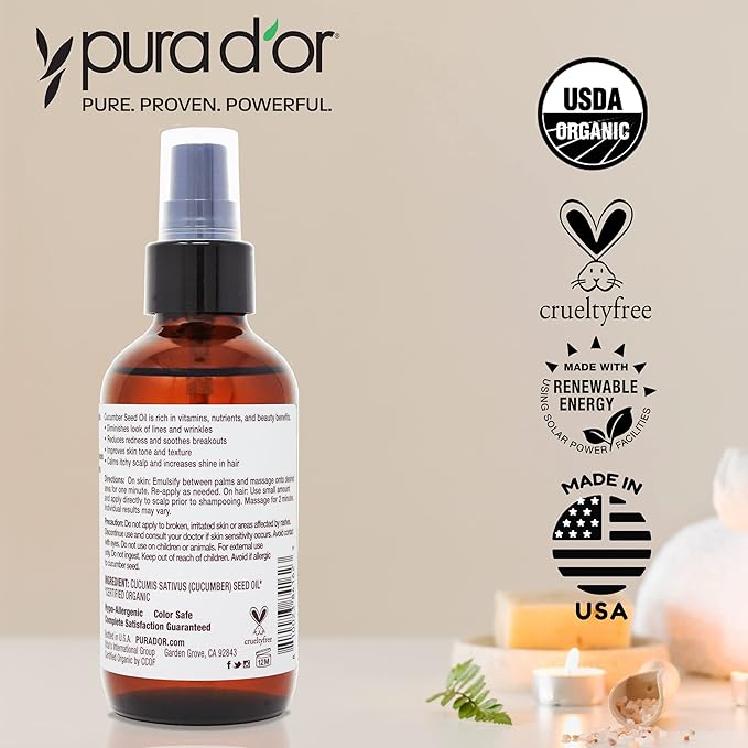 PURA D'OR 4 Oz Organic Cucumber Seed Oil100% Pure USDA Certified Premium Grade All Natural Moisturizer, Cold Pressed, Unrefined, Hexane-Free Base Carrier Oil for DIY Skin Care For Men & Women