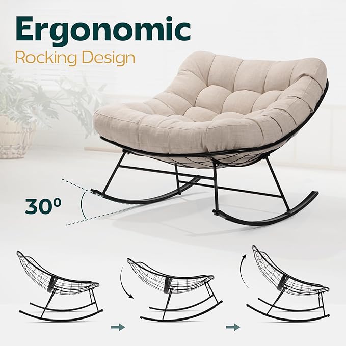 Bme Patio Rocking Chair Outdoor & Indoor, Metal Patio Lounge Rocking Chair with Thick Cushion, Comfy Modern Rocker Chair for Living Room, Porch, Backyard, Beige Cushion - Black Matte Rocker