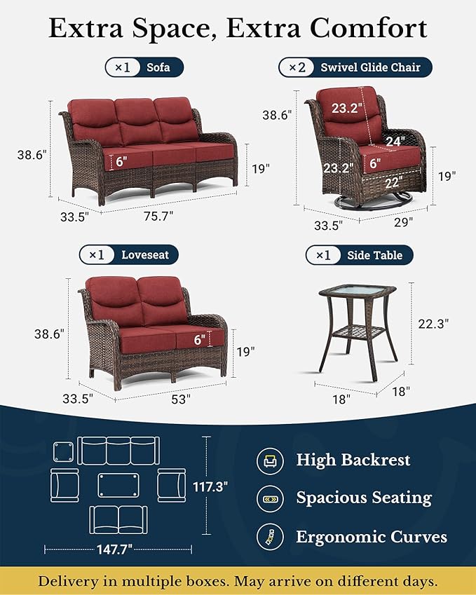 HILLGA Luxury Patio Furniture Set with 6-Inch Thick Cushions, High Back Outdoor Swivel Rocker Chairs Patio Couches, 6-Piece All Weather Conversation Set for Porch Deck Pool Yard, Burgundy (V3)