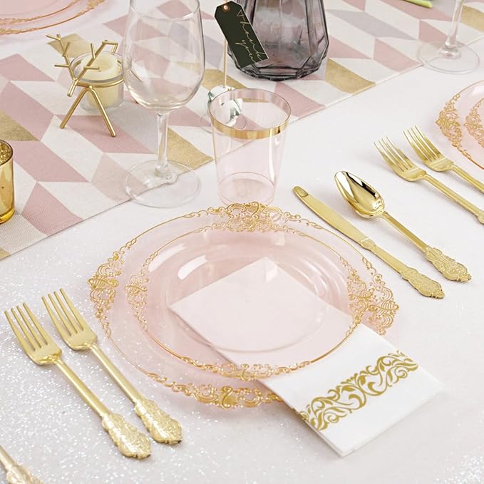 Hioasis 175pcs Clear Pink Plastic Plates - Elegant Disposable Dinnerware Set Suitable for 25 Guests Include 10.25" Dinner & 7.5" Dessert Plates, Cutlery, Napkins, Cups for Party & Wedding