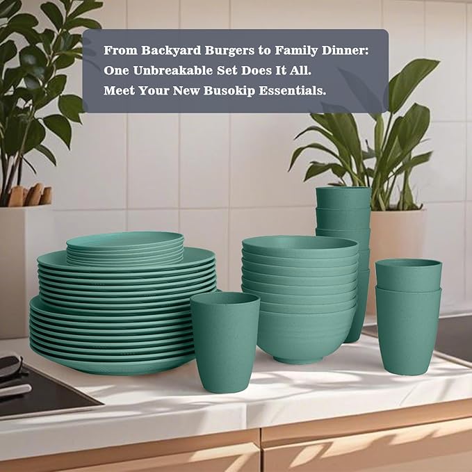Dinnerware Sets 40 PCS Wheat Straw Plates and Bowls Sets With Cups | Service for 8 | Alternatives to Plastic Dinnerware Set Microwave Safe Dishese Set for RV Outdoor Activities Travel - Green