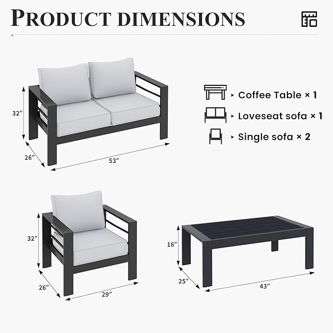 Aluminum Patio Set, 5 Piece Metal Outdoor Furniture With Waterproof Covers for Backyard Garden