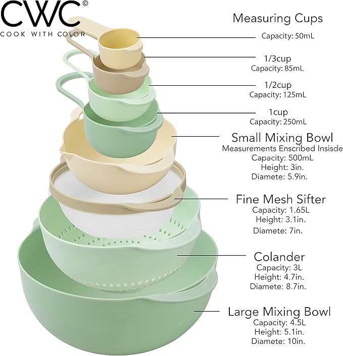 COOK WITH COLOR Nesting Bowls with Measuring Cups Colander and Sifter Set - Includes Mixing Bowls, Colander, Sifter and Measuring Cups, Mint, 8 Pc Bowl