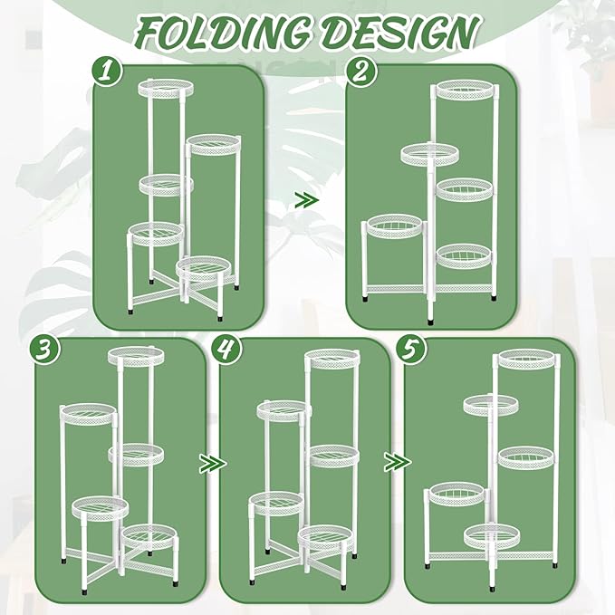 iDavosic.ly Plant Stand Indoor Outdoor, 5 Tier Corner Metal Flower Display Holder Shelf, Folding Tall Orchid Rack for Patio Balcony Porch Garden Living Room House, Wrought Iron - White