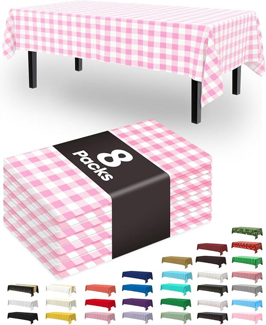 Pureegg Plastic Table Cloth Disposable 8 Pack, 54 x 108 Inch Table Cloths, Party, Picnic, Decorative Gingham Tablecloths, Rectangle, Pink and White Checkered Cover, Leakproof & Sturdy, Pink Plaid