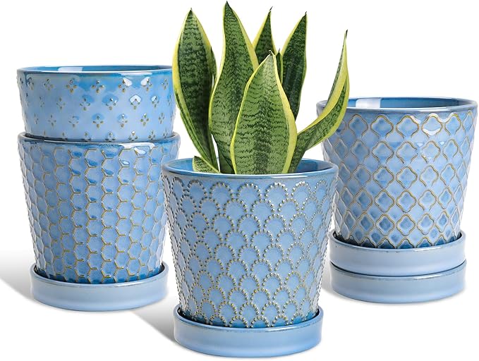 Plant Pots, 5 Inch Pots for Indoor Plants, Planters with Drainage Hole and Saucer, Ceramic Flower Pots Desktop Office Windowsill Decoration Gift Set of 4 - Sky Blue